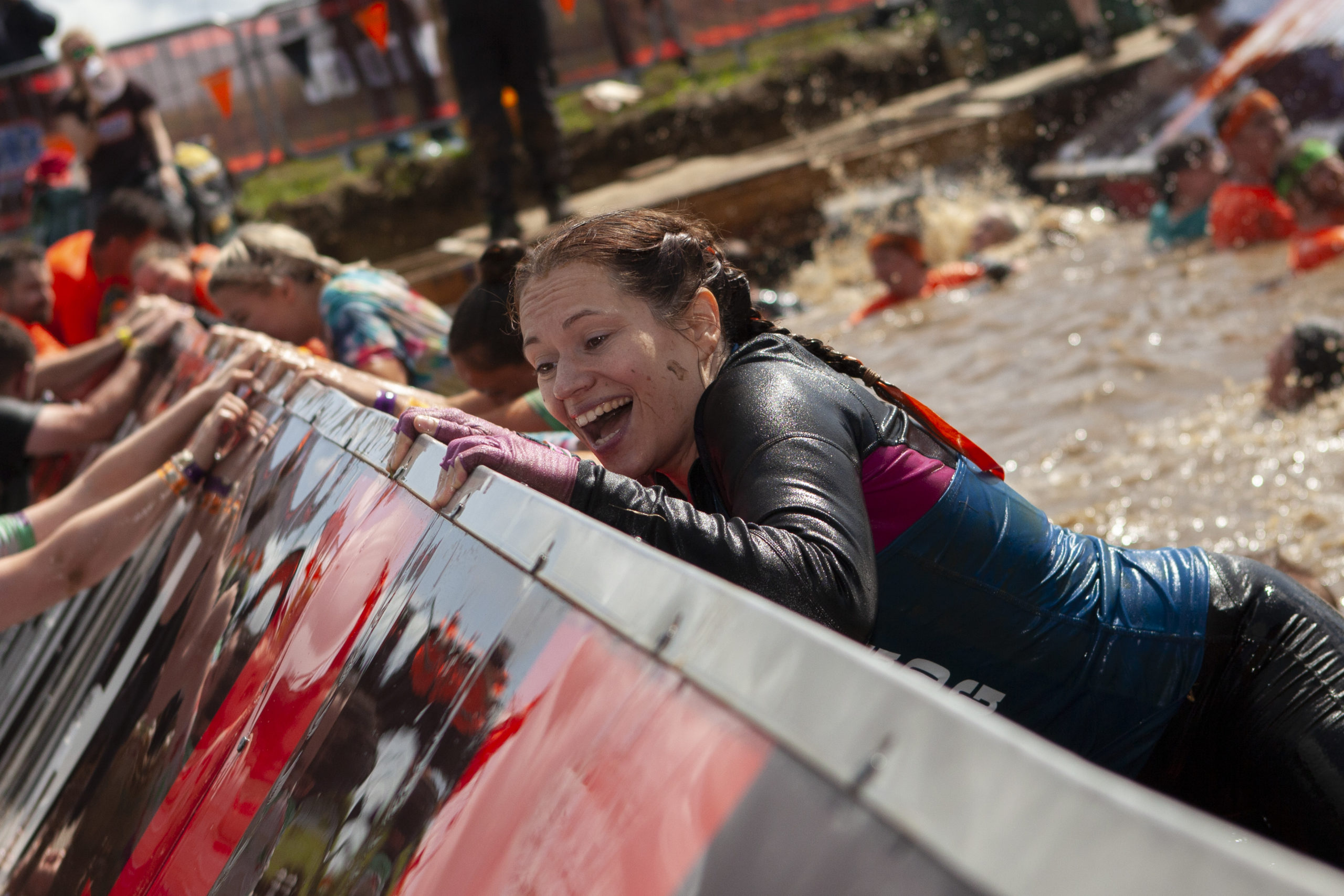 Participant holding tightly on a platform