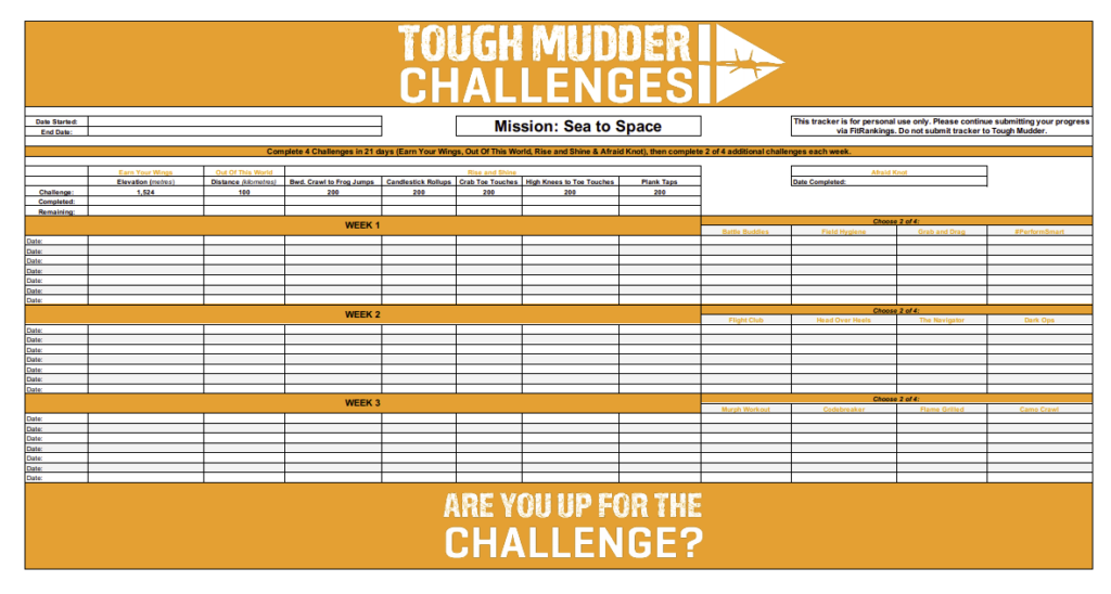Tough Mudder Challenges monitoring sheet