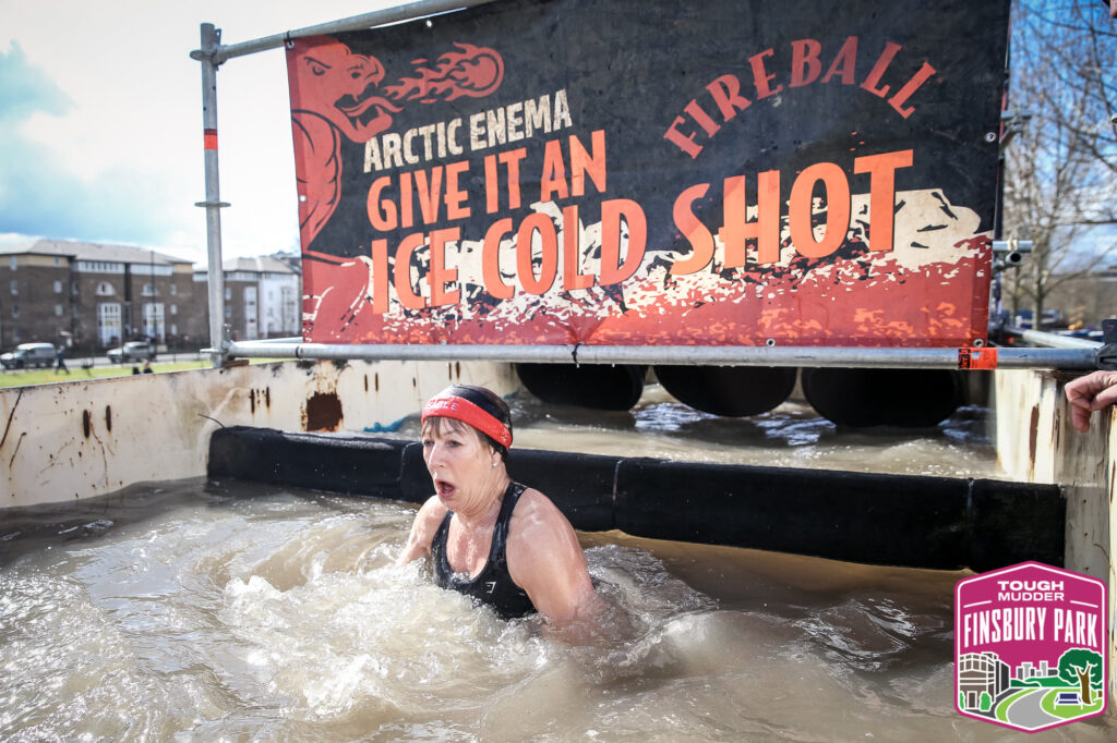 woman in ice bath obstacle at Finsbury Park